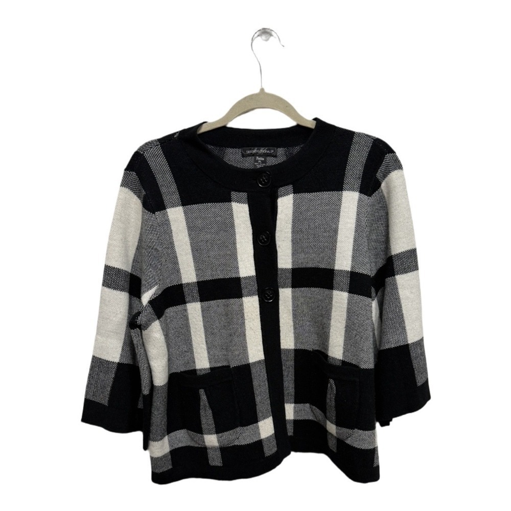 Designers Original Buffalo Plaid Button Cardigan Black White Size Petite Large